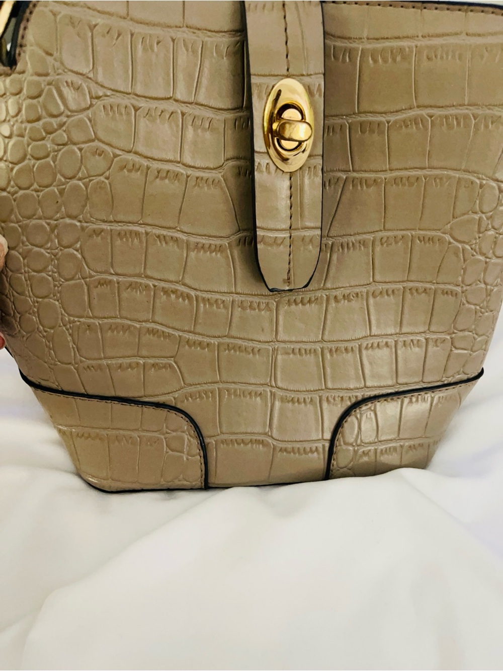 Neutral Croc-Embossed Leather Tote with Gold Turn-Lock